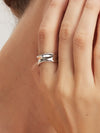 Silver ring on a person's finger with a blurred background