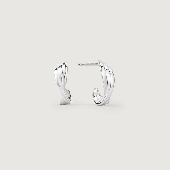 Pair of silver hoop earrings on a light gray background